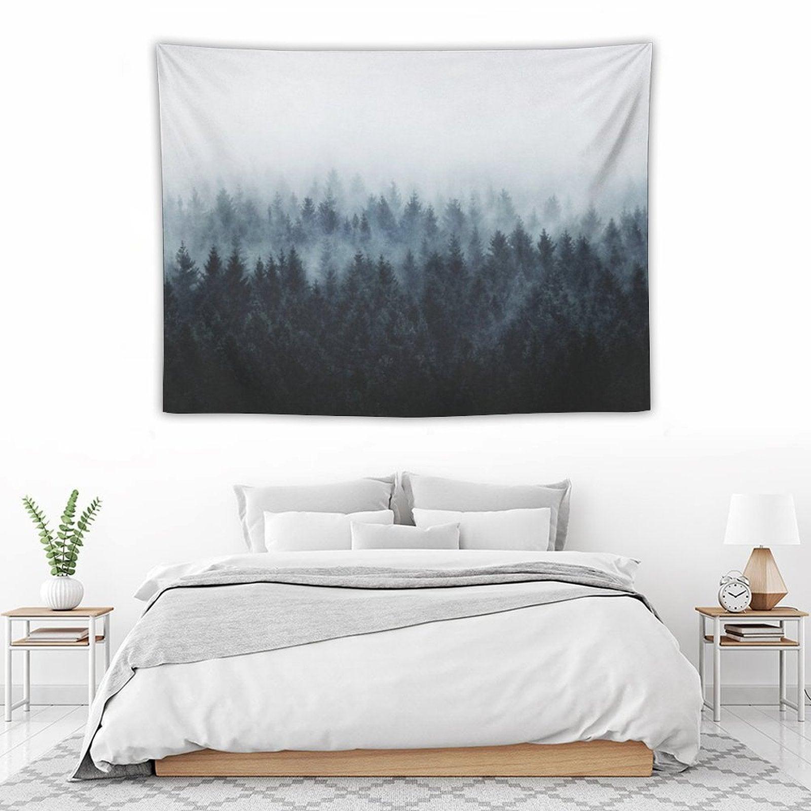 High And Low  Dark Romantasy Moody Wilderness Dream Forest With Cascadia Trees Covered In Fog Tapestry