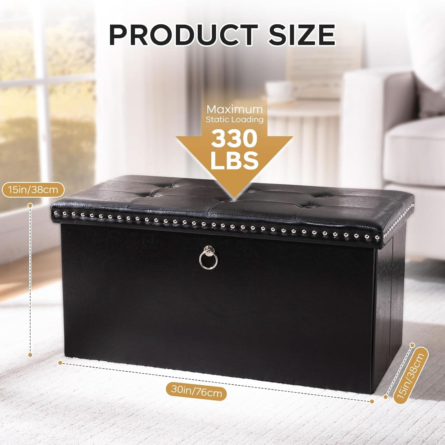 Faux Leather Folding Storage Ottoman 30 Inch Size Black