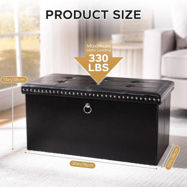 Faux Leather Folding Storage Ottoman 30 Inch Size Black