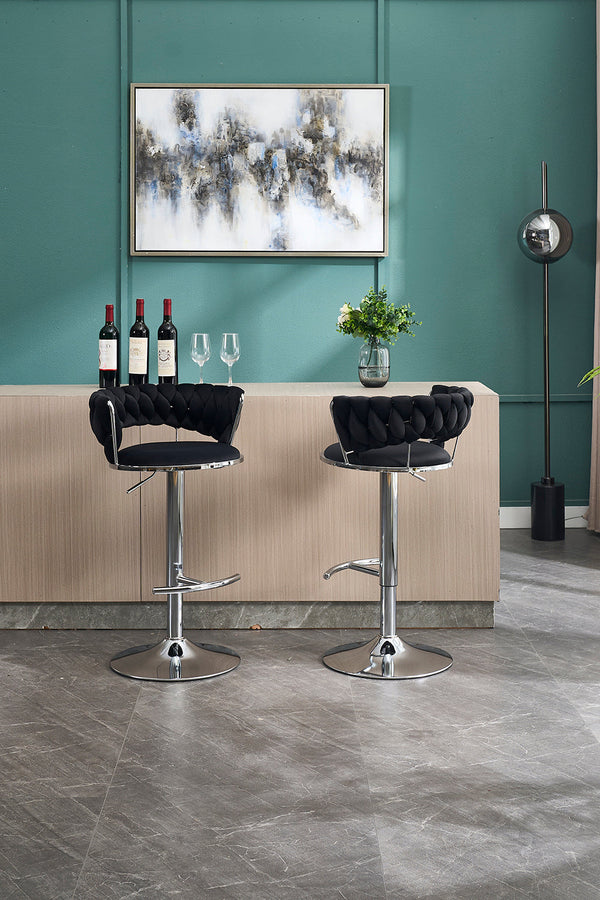 Set of 2 Bar Stools with Chrome Footrest & Base Swivel Height Adjustable Velvet