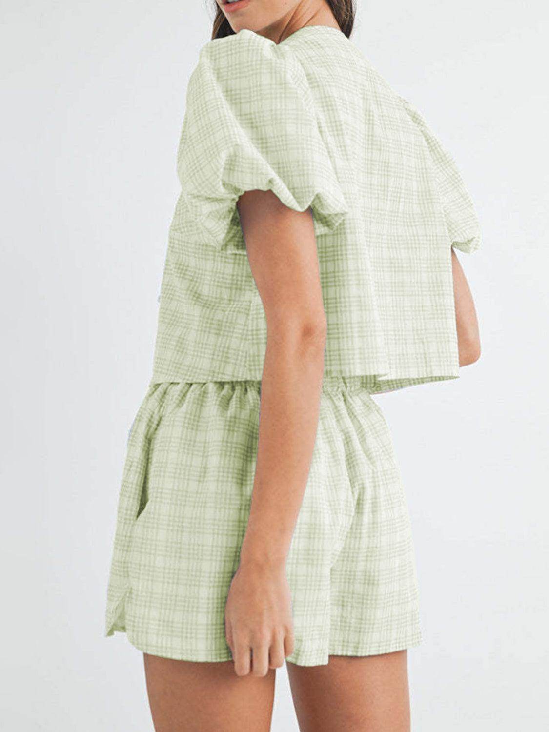 V-Neck Puff Sleeve Top and Shorts Set for Women Fashion