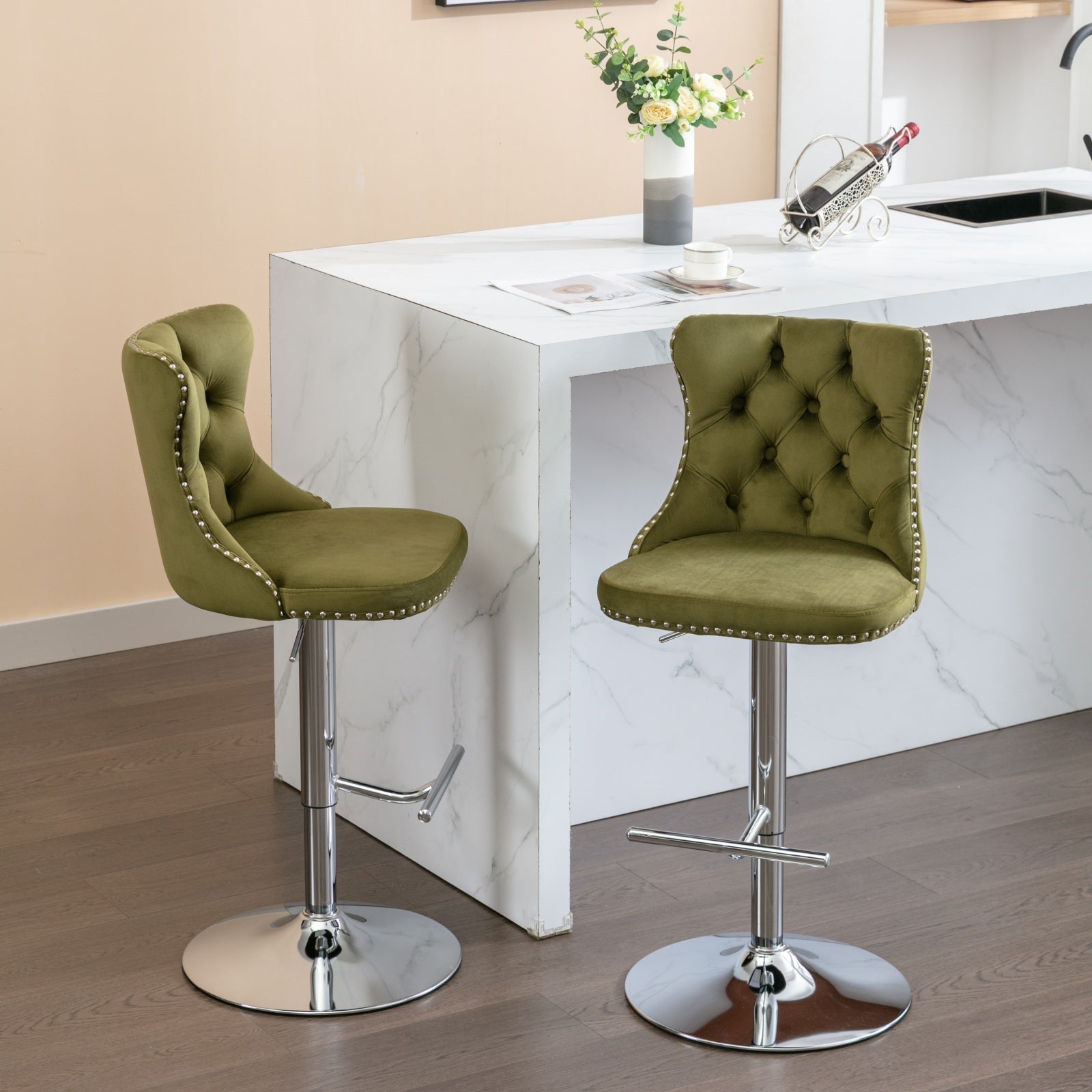 Modern Velvet Swivel Barstools with Adjustable Seat Height and Chrome Base
