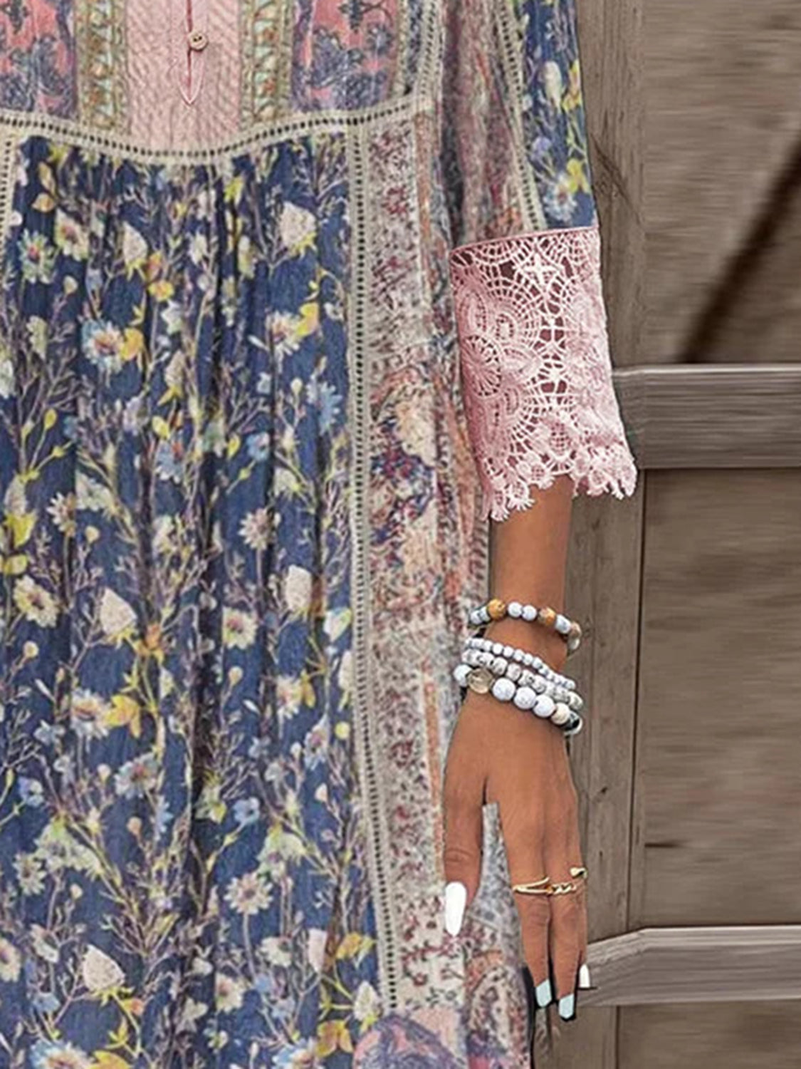 Blush Pink Elegant Full-Size Lace Detail Dress Printed Sleeve Midi Dress for Women