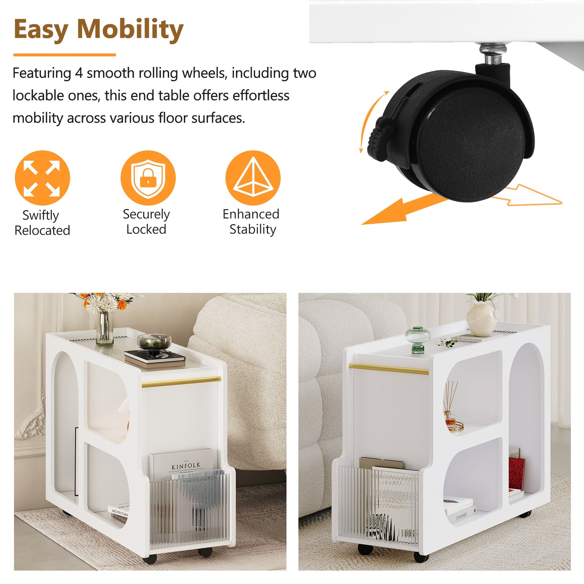 Stylish mobile desk with lockable wheels, white bedside table with 5mm thick grooved tempered glass and gold round bars