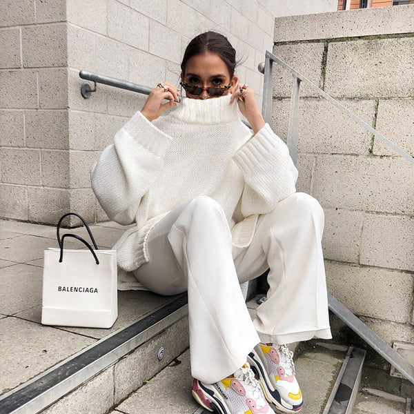 Knitted pullover loose irregular thick sweater high neck knitted sweater