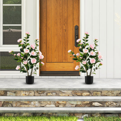 38 Inch Artificial Camellia Tree Faux Flower Plant in Cement Pot 2 Pack-Pink