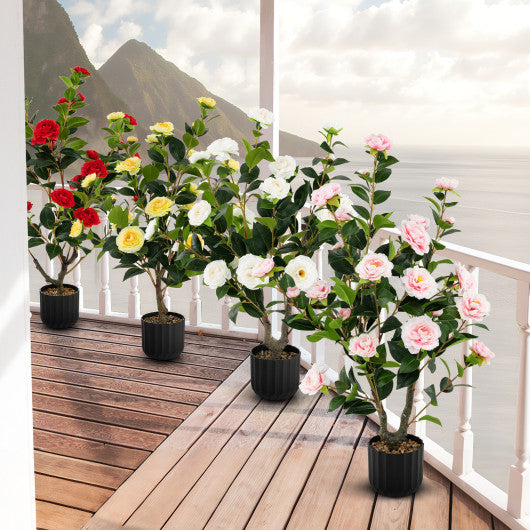38 Inch Artificial Camellia Tree Faux Flower Plant in Cement Pot 2 Pack-Pink