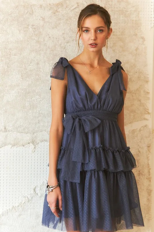 Tie Shoulder Polka Dot Mesh Dress For Women – Flirty Retro Polka Dot Elegant Dress with Adjustable Ties & Sheer Mesh Fabric For Special Occasions