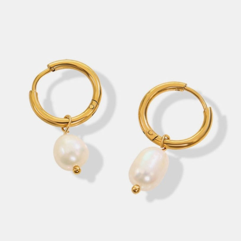 Pearl Drop Gold Hoop Earrings