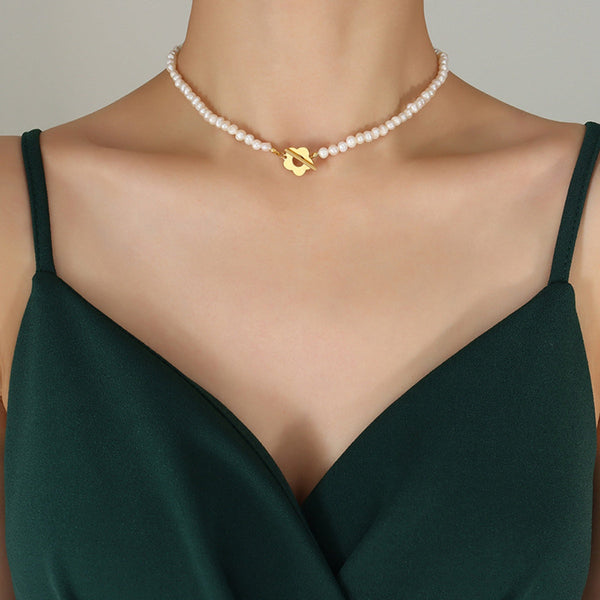 Gold Flower Pearl Chain Necklace
