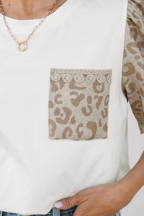 Leona Leopard Lace Trim Puff Sleeve Top
