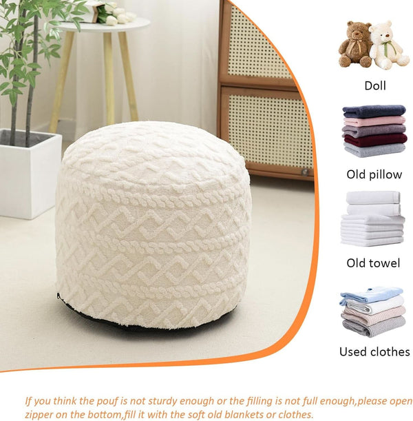 Beige Velvet Texture FauxFur Memory Foam Round Ottoman