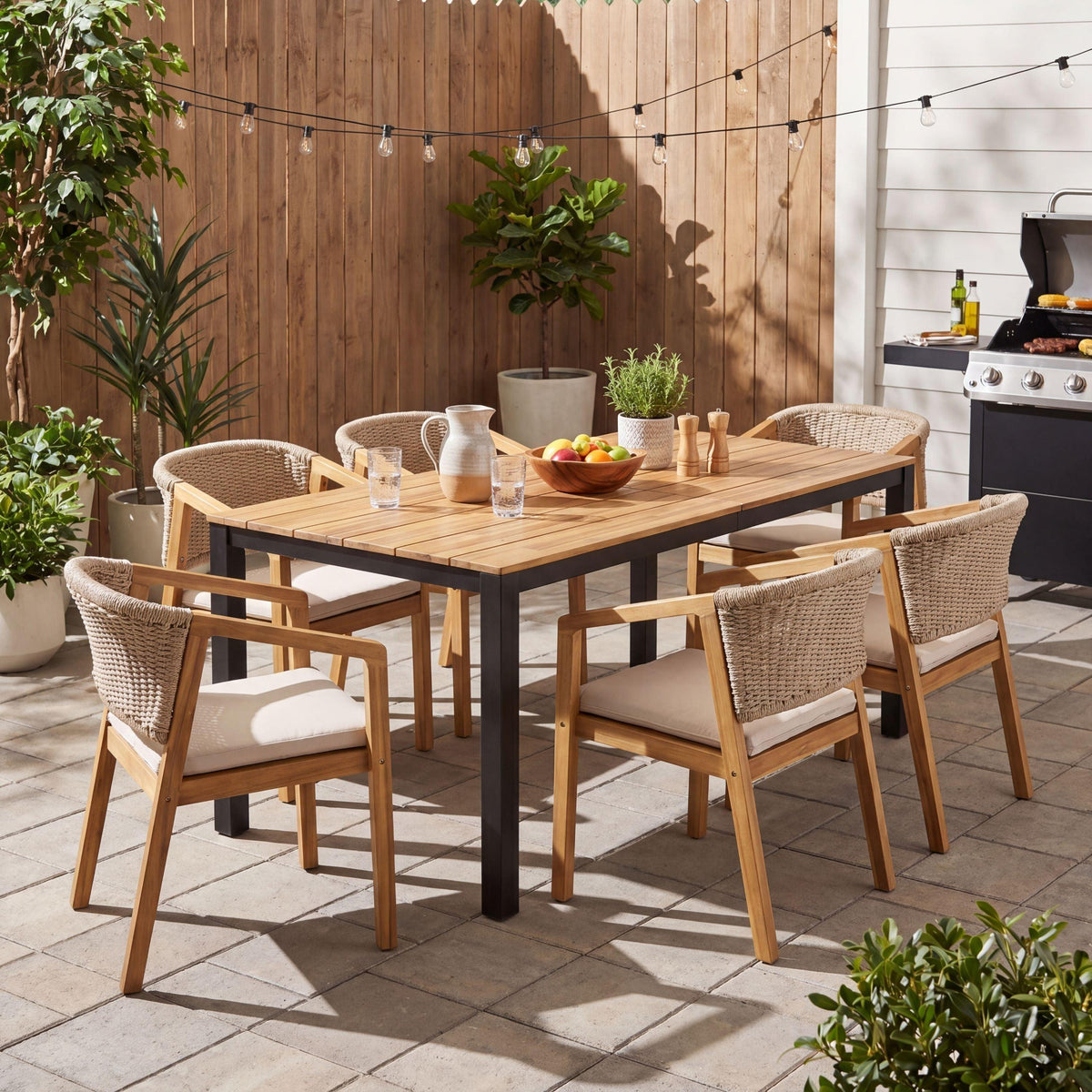 7-Piece Outdoor Dining Set, Acacia Wood Table & 6 Rope Chairs