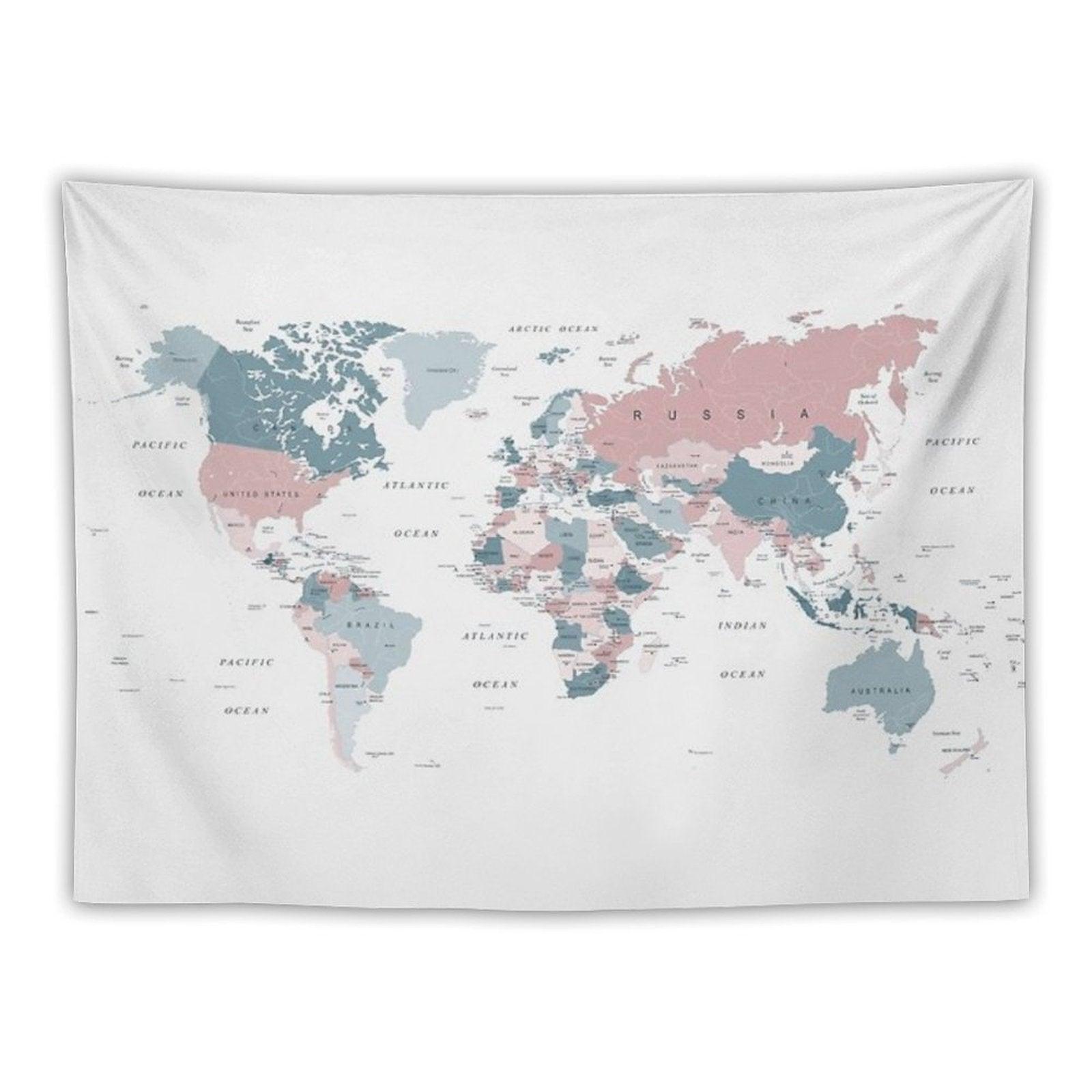 Map of The World in Pink And Blue Tapestry