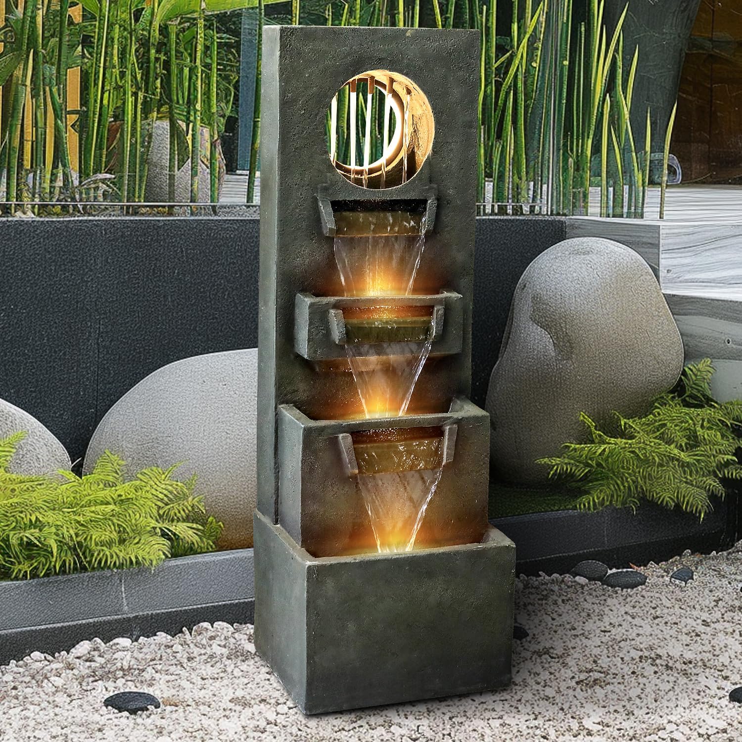 Resin Moon Gate Outdoor Water Fountain 39 Inch Warm LED