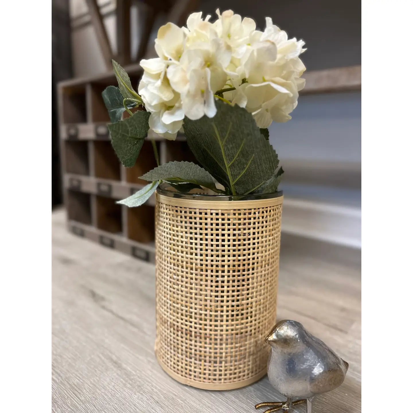 WEAVED RATTAN WRAPPED GLASS VASE/CANDLE HOLDER