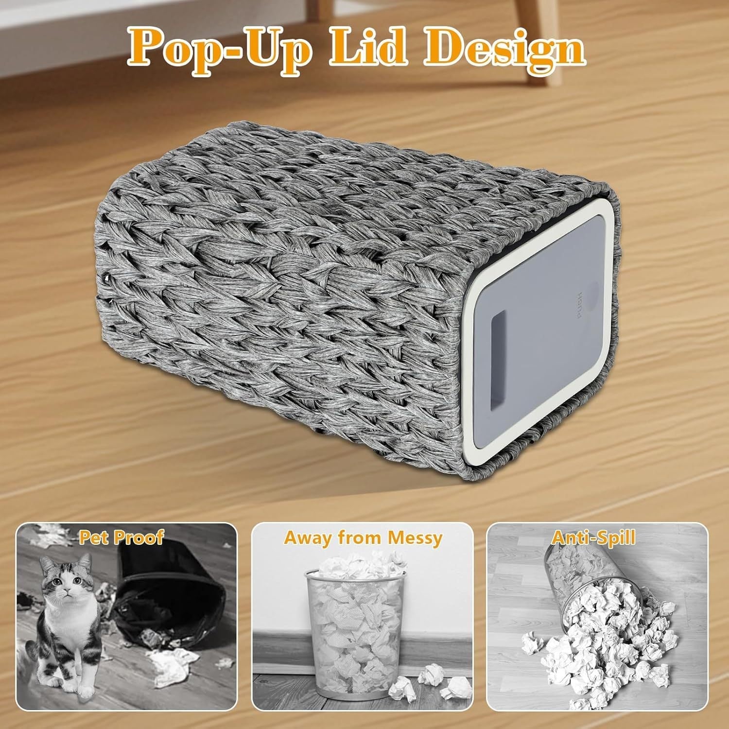 Boho Rattan Woven Trash Can with Press Top Lid, Wicker Wastebasket and Hamper