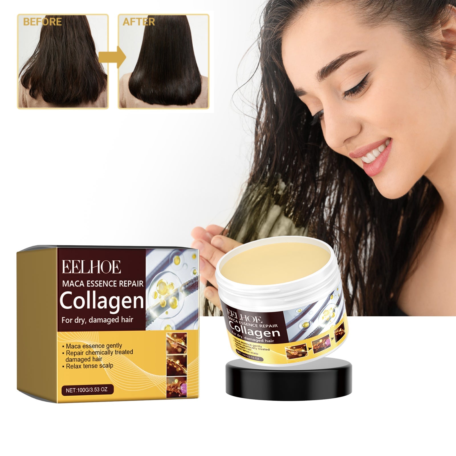 Maca Essence Repair Collagen, Repair Dry Short-Tempered Knot Hair Strong Moisturizing Smooth Hair Film