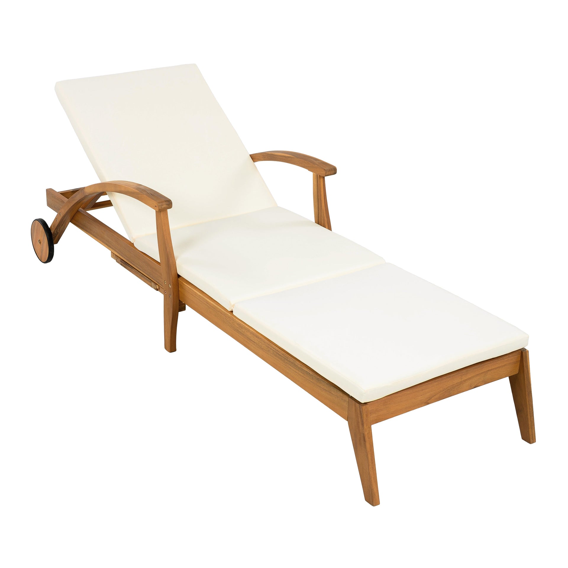 Versatile Chaise Lounge with Wheels - Acacia Wood Recliner for Patio, Cream Cushion, Adjustable Backrest