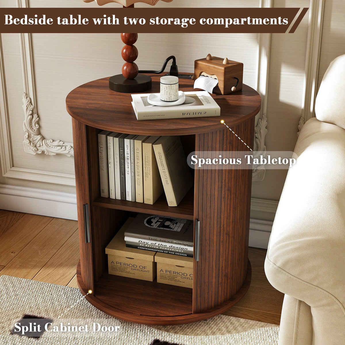 Walnut Mid-Century Modern Nightstand Set with Charging Station – Round Side Tables (Set of 2)