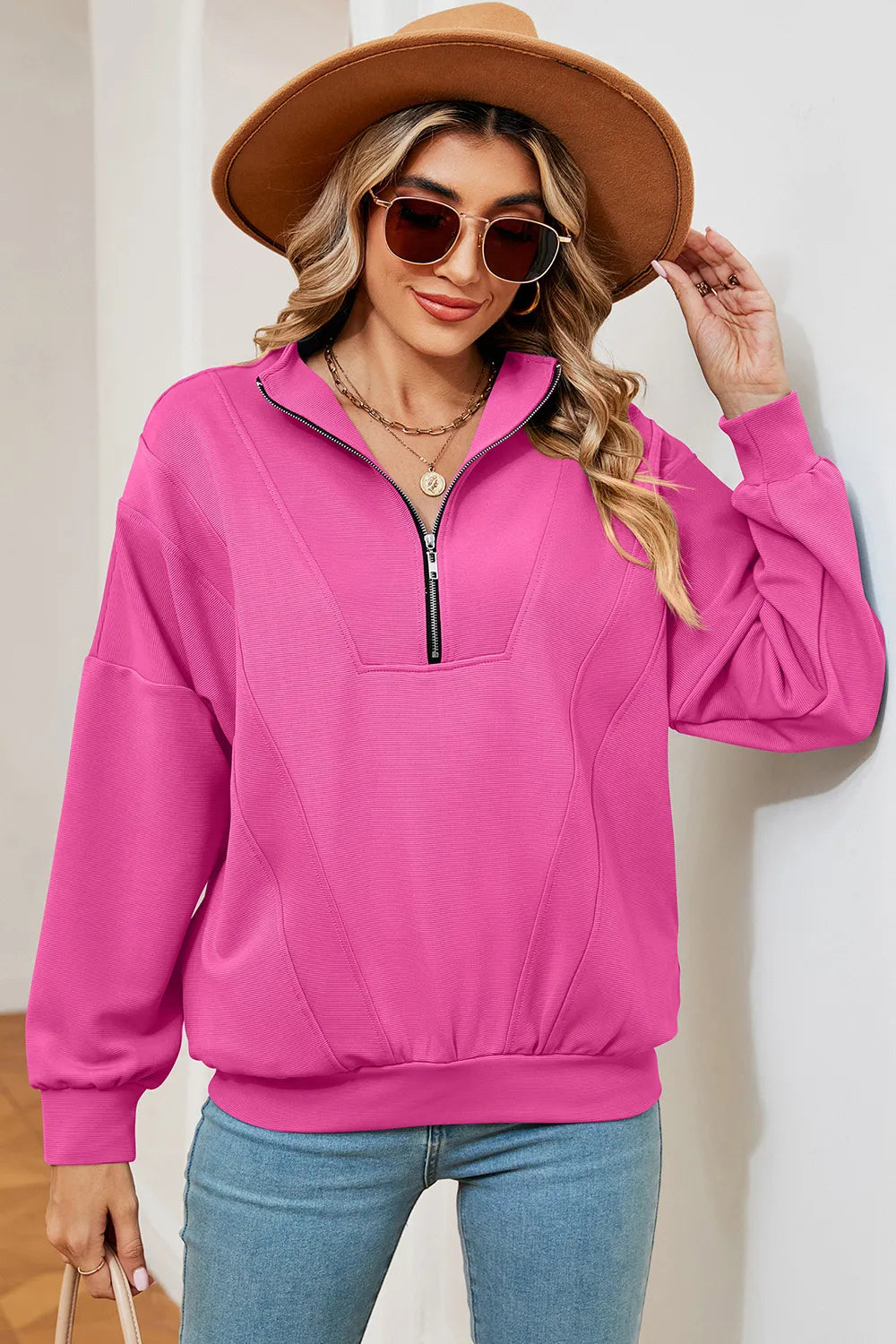 Autumn and winter new solid color zipper long sleeved loose pullover sweatshirt jacket for women