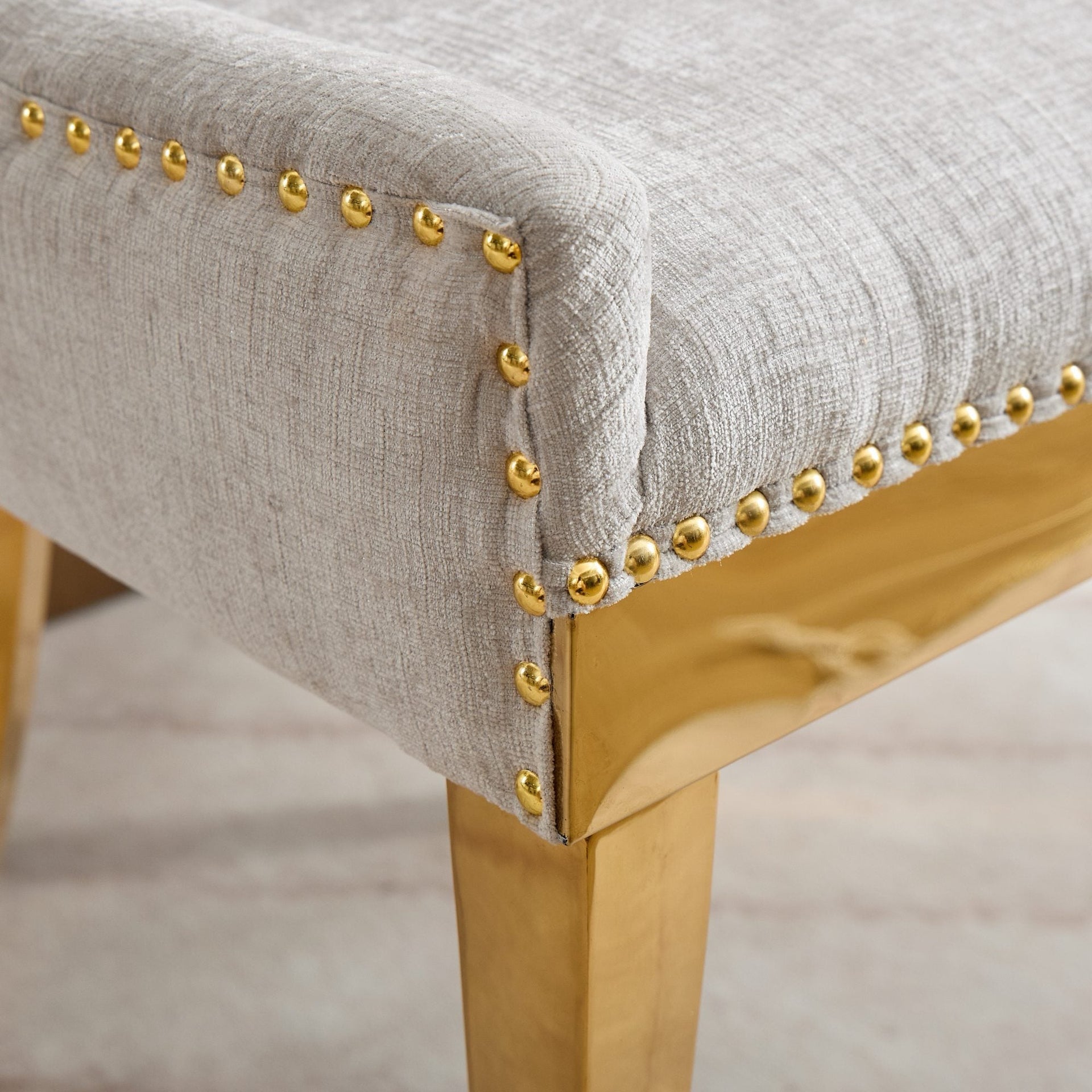 Chenille Dining Chairs Modern Style with Curved Gold-Plated Legs & Rivet Trim