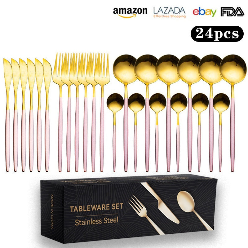 Cutlery Set Stainless Steel Knife Fork Set 24-Piece Tableware Set Golden Steak Knife Fork Spoon 6-Person Set