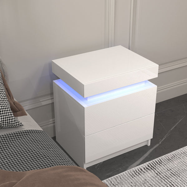Modern white Nightstand With 2 Storage Drawers,Led Lights, End Table For Bedroom Furniture