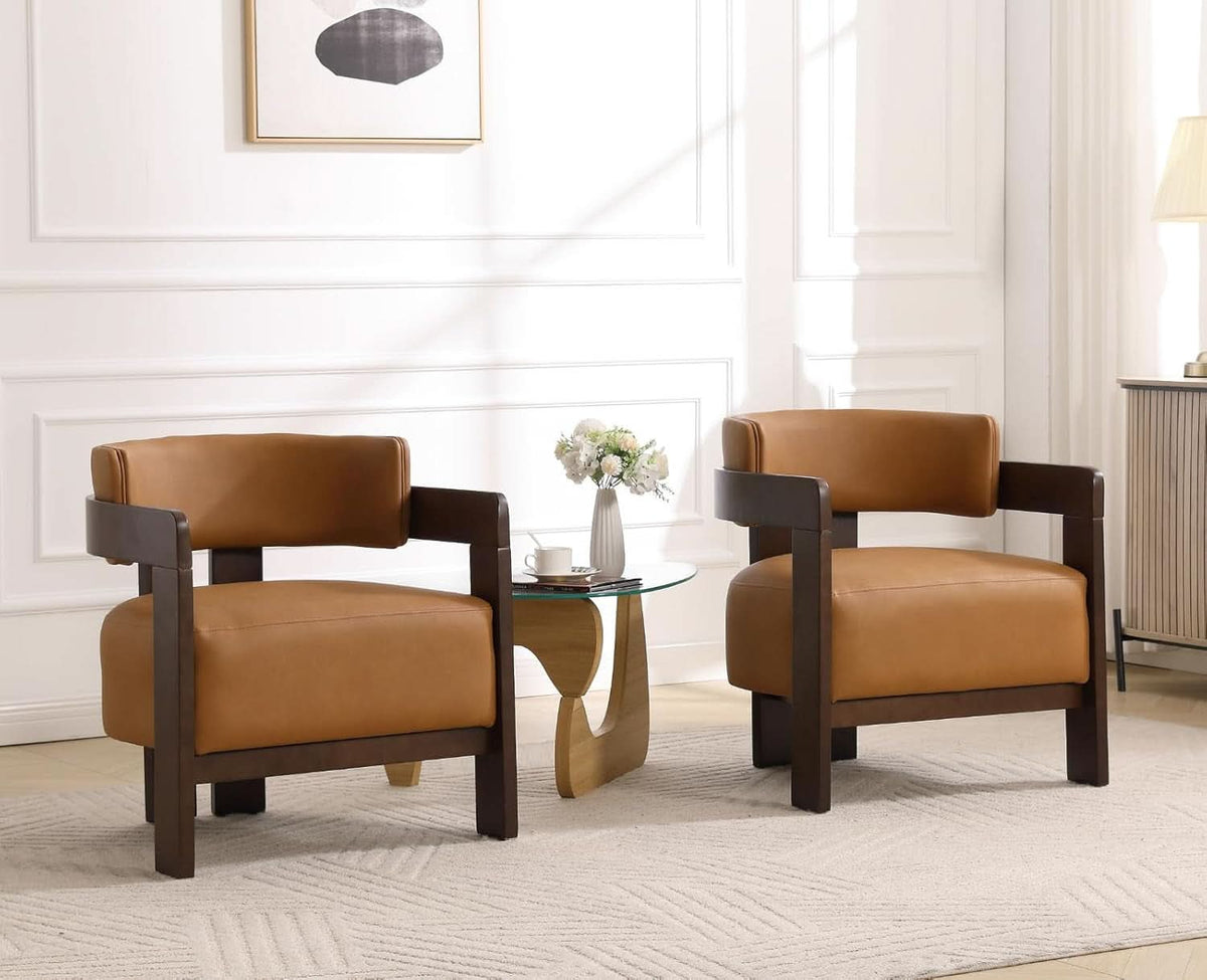 Brown Leather Barrel Chair Midcentury Upholstered WoodenLegs