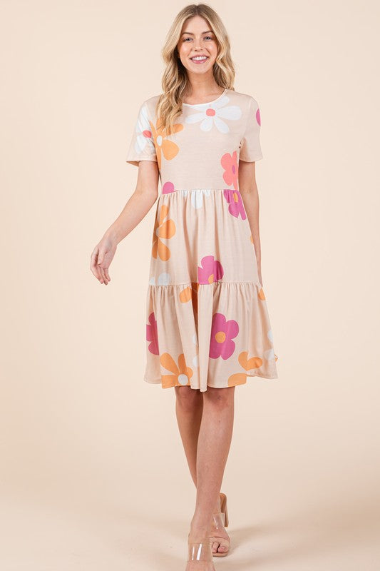 New Floral Round Neck Short Sleeve Tiered Dress For Women–Flowy, Feminine & Perfect for Summer