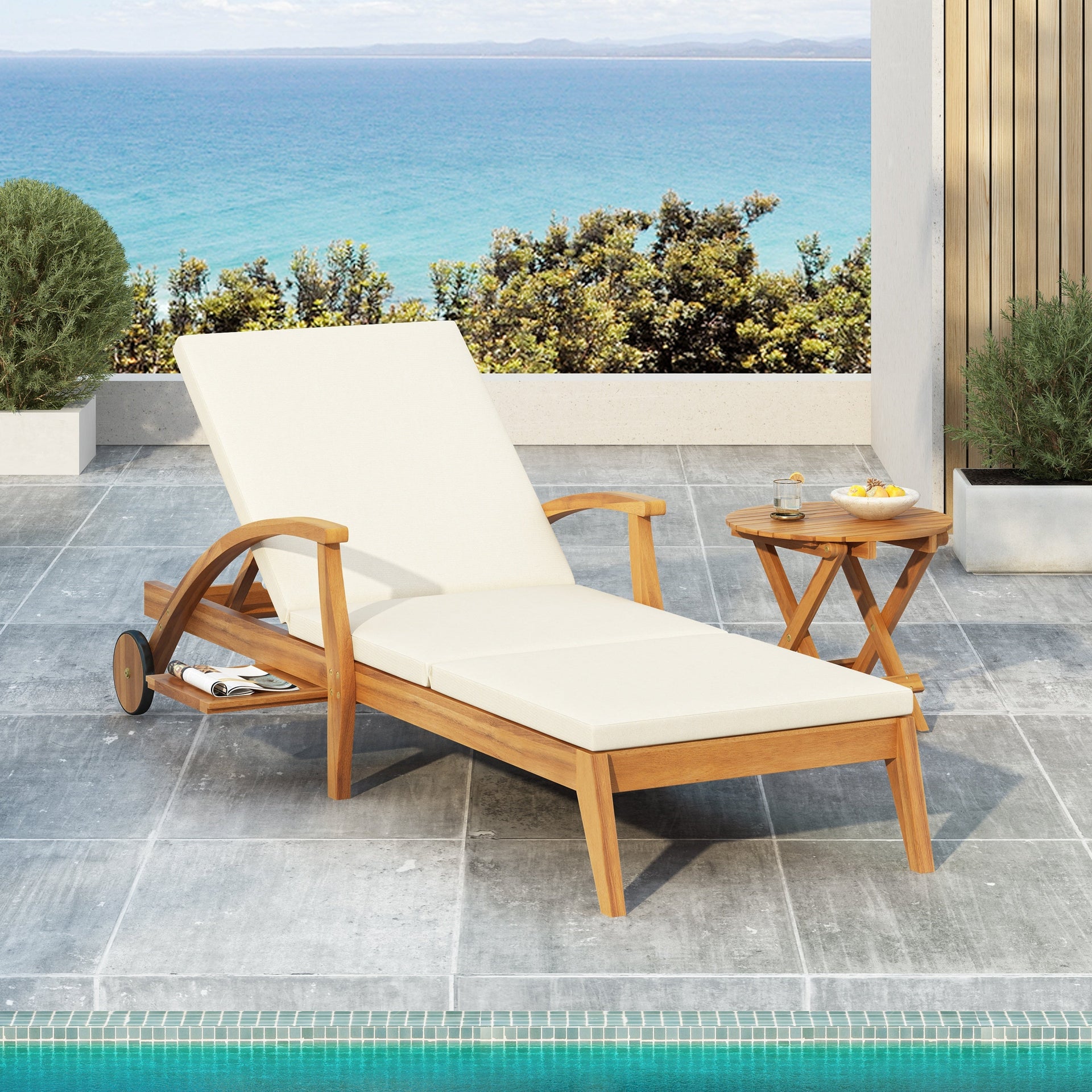 Versatile Chaise Lounge with Wheels - Acacia Wood Recliner for Patio, Cream Cushion, Adjustable Backrest