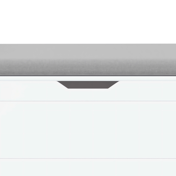 A white rubber wood children's toy box with soft cushioned seats, stools, flip covers, and safety hinges for toy storage