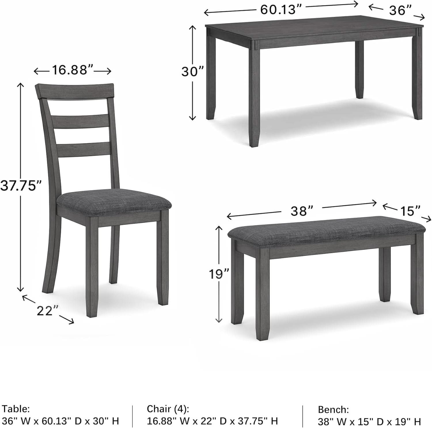 Charcoal Gray 6Piece Contemporary Dining Set Bench