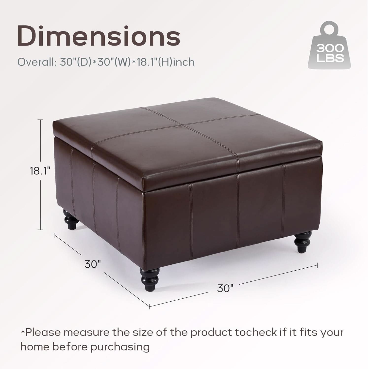 Square Leather Storage Ottoman 30-Inch Brown Durable