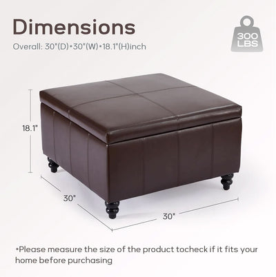 Square Leather Storage Ottoman 30-Inch Brown Durable