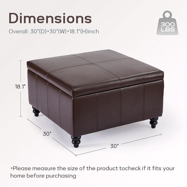 Square Leather Storage Ottoman 30-Inch Brown Durable