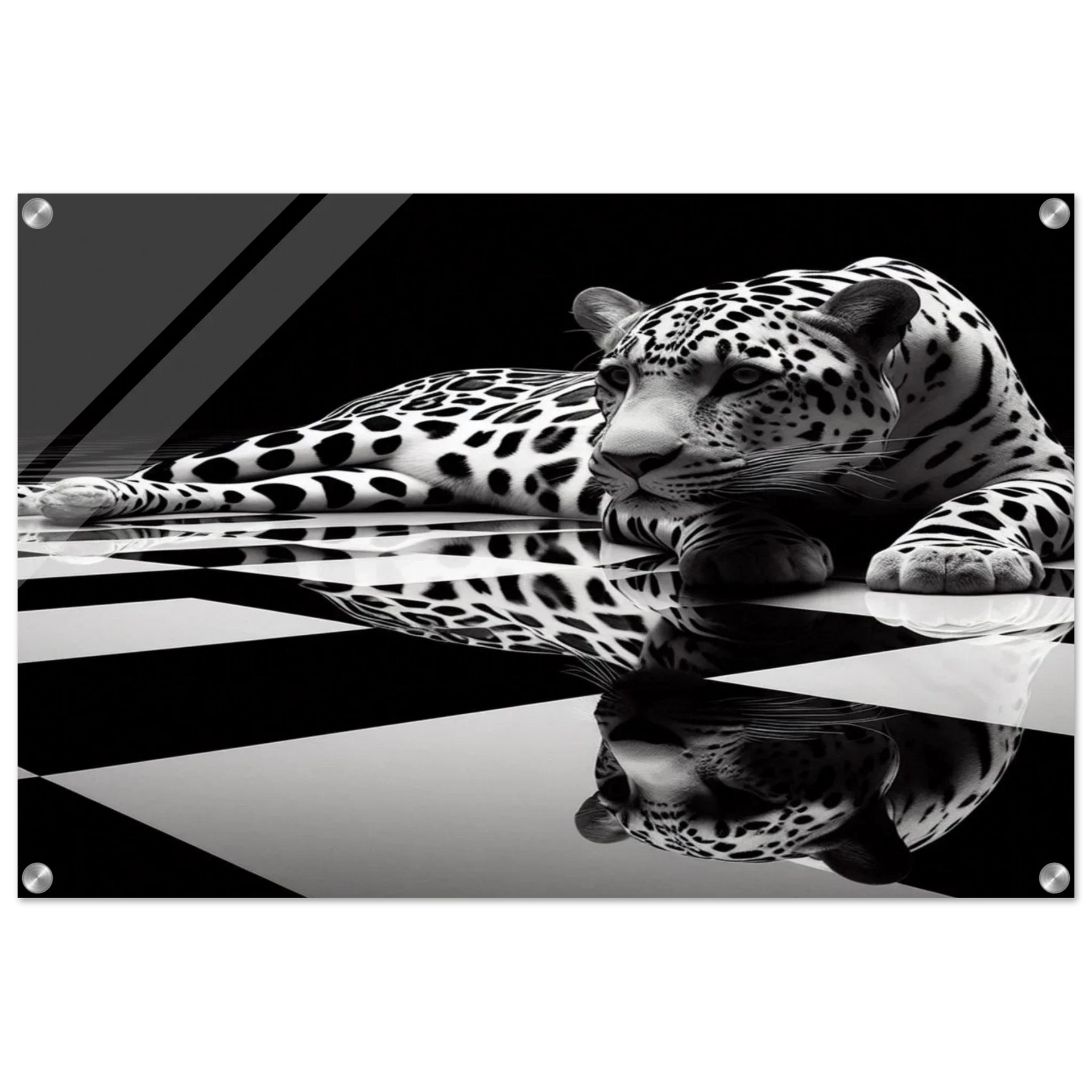 Leopard Acrylic Print on Black and White Checkered Floor – Glossy Finish Wall Art