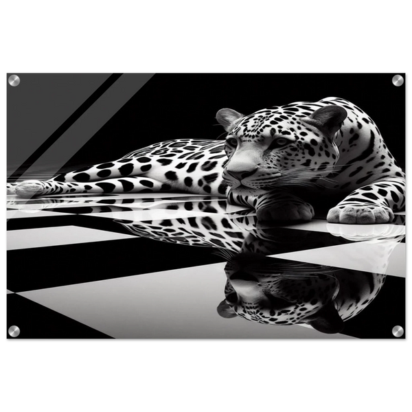 Leopard Acrylic Print on Black and White Checkered Floor – Glossy Finish Wall Art