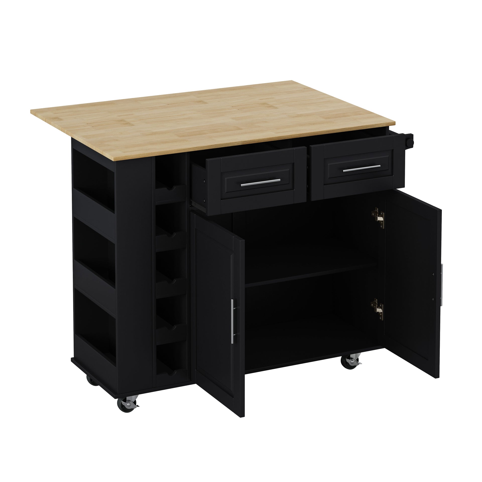 Multi-Functional Kitchen Island Cart with 2 Door Cabinet and Two Drawers,Spice Rack, Towel Holder, Wine Rack, and Foldable Rubberwood Table Top (Black) V.I.P Digital Presence
