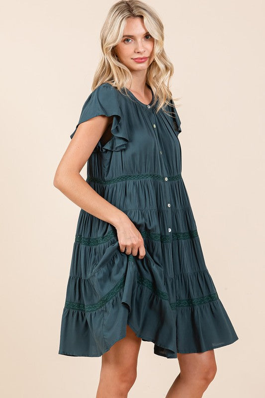 Lace Detail Ruffled Button Down Tiered Dress For Women – Romantic and Feminine Dress with Delicate Lace and Flowing Tiers