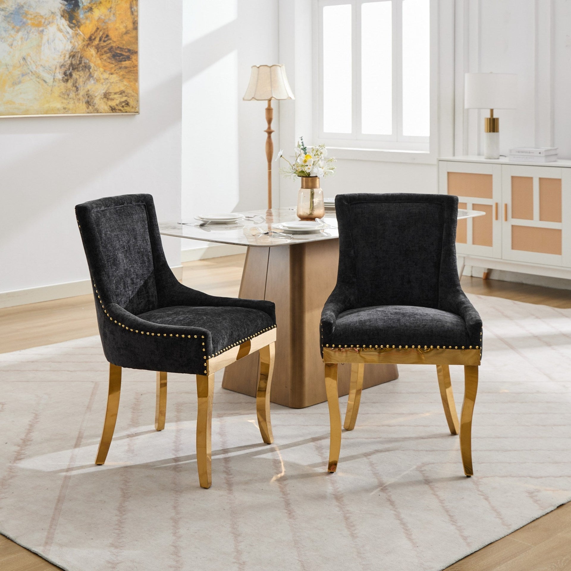 Chenille Dining Chairs Modern Style with Curved Gold-Plated Legs & Rivet Trim