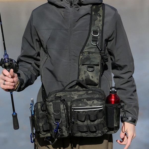 Men's Fishing Backpack: Equipped with bait box, equipment storage bag, pole holder, sling & shoulder bag design.
