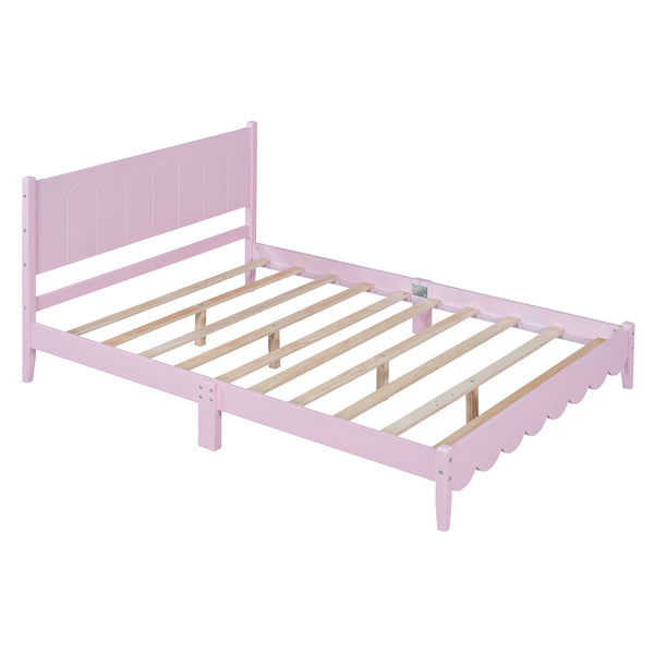 Full Size Wood Platform Bed Frame, Retro Style Bed with Rectangular Headboard,No Need Box Spring,Pink