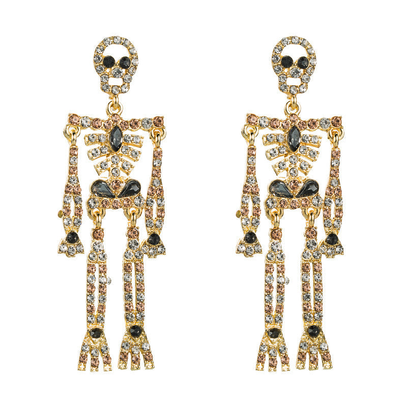 European and American style skull skeleton alloy inlaid rhinestone earrings female personality long exaggerated earrings earrings