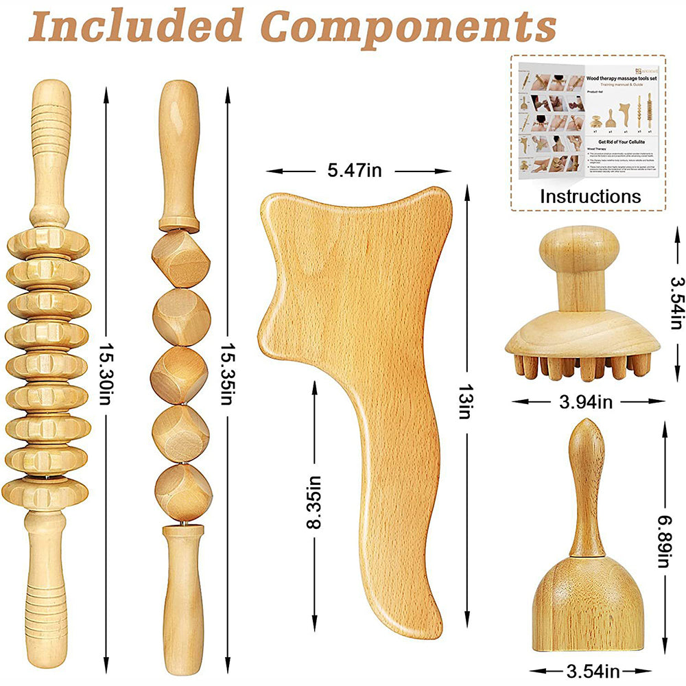 Beech wood therapy scraping cup, meridian dredging roller, tendon rolling stick, scraping board, head massager, massage set
