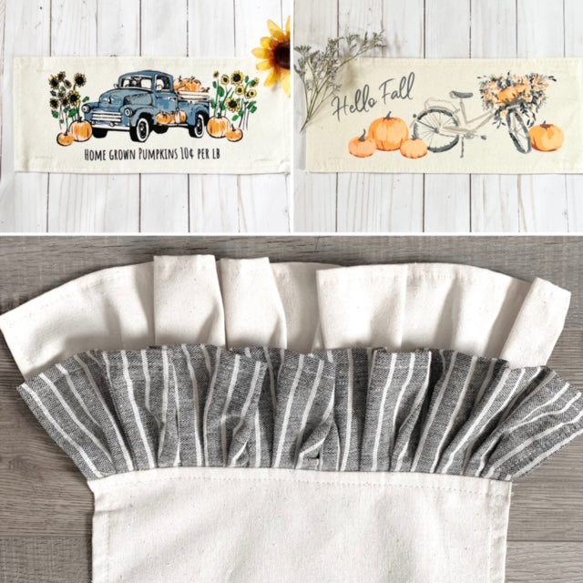 2 PANELS & RUNNER BUNDLE: RECTANGLE Holiday Panel Thanksgiving November Fall Autumn, farmhouse charcoal runner: VINTAGE SUNFLOWER PUMPKIN TRUCK / FALL BIKE +  CHARCOAL/CREAM TABLE RUNNER