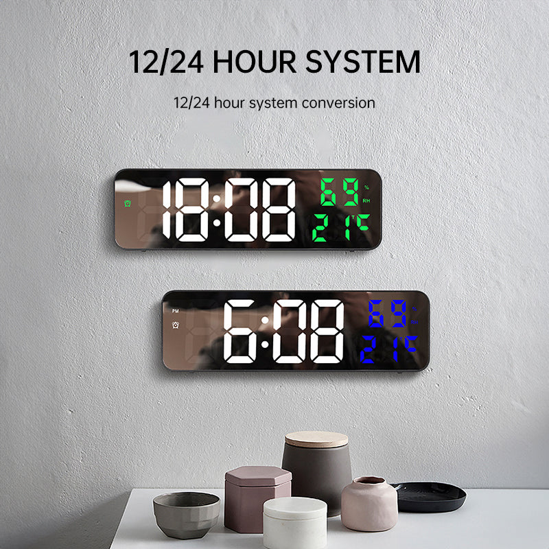 9-Inch Digital Wall Clock: Temp/Humid, Night Mode, Snooze, 12/24H, USB Plug-in LED Alarm Clock