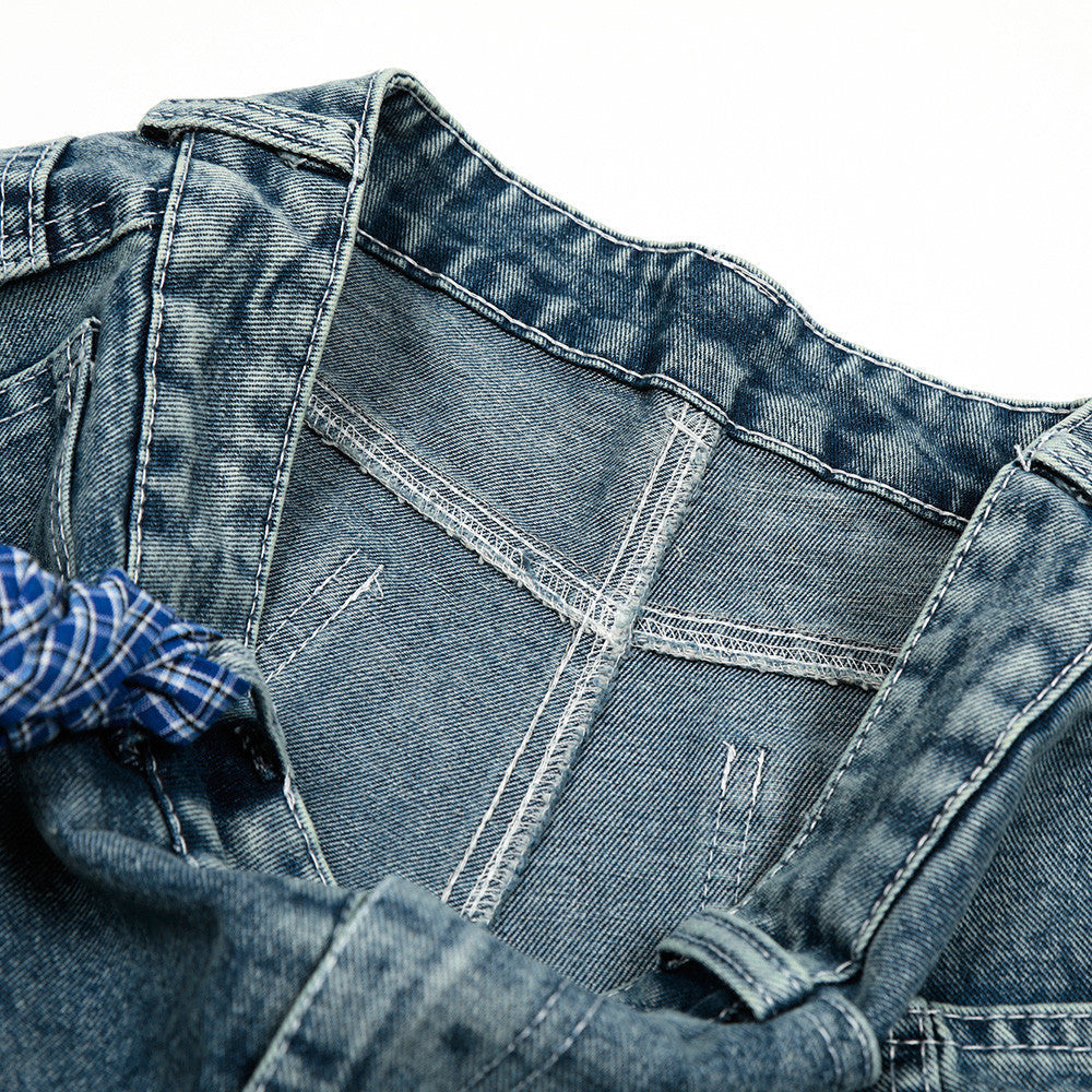 Punk Washed Distressed Denim Shorts Men's Summer Plaid Belted Contrast Pocket Loose Wide-Leg Three-Quarter Pants