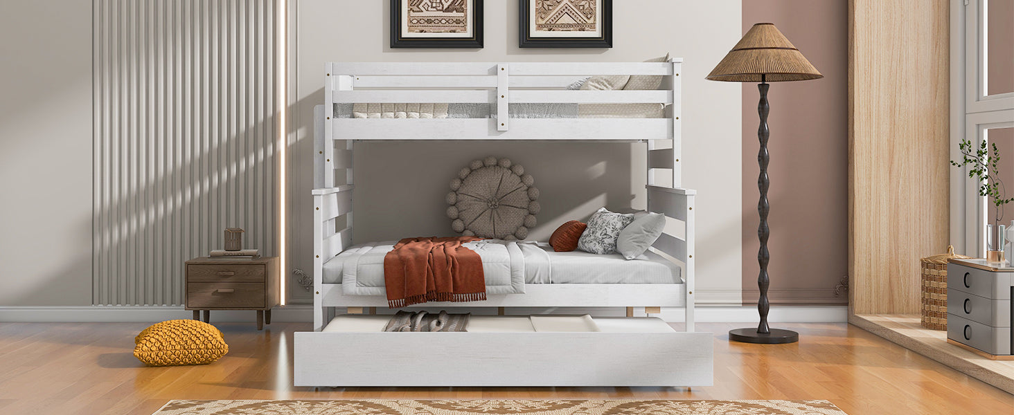 Wood Twin over Full Bunk Bed with Twin Size Trundle  White