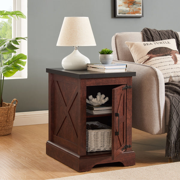 Farmhouse tea table bedside table rectangular farmhouse tea table with barn door and adjustable storage rack OAK